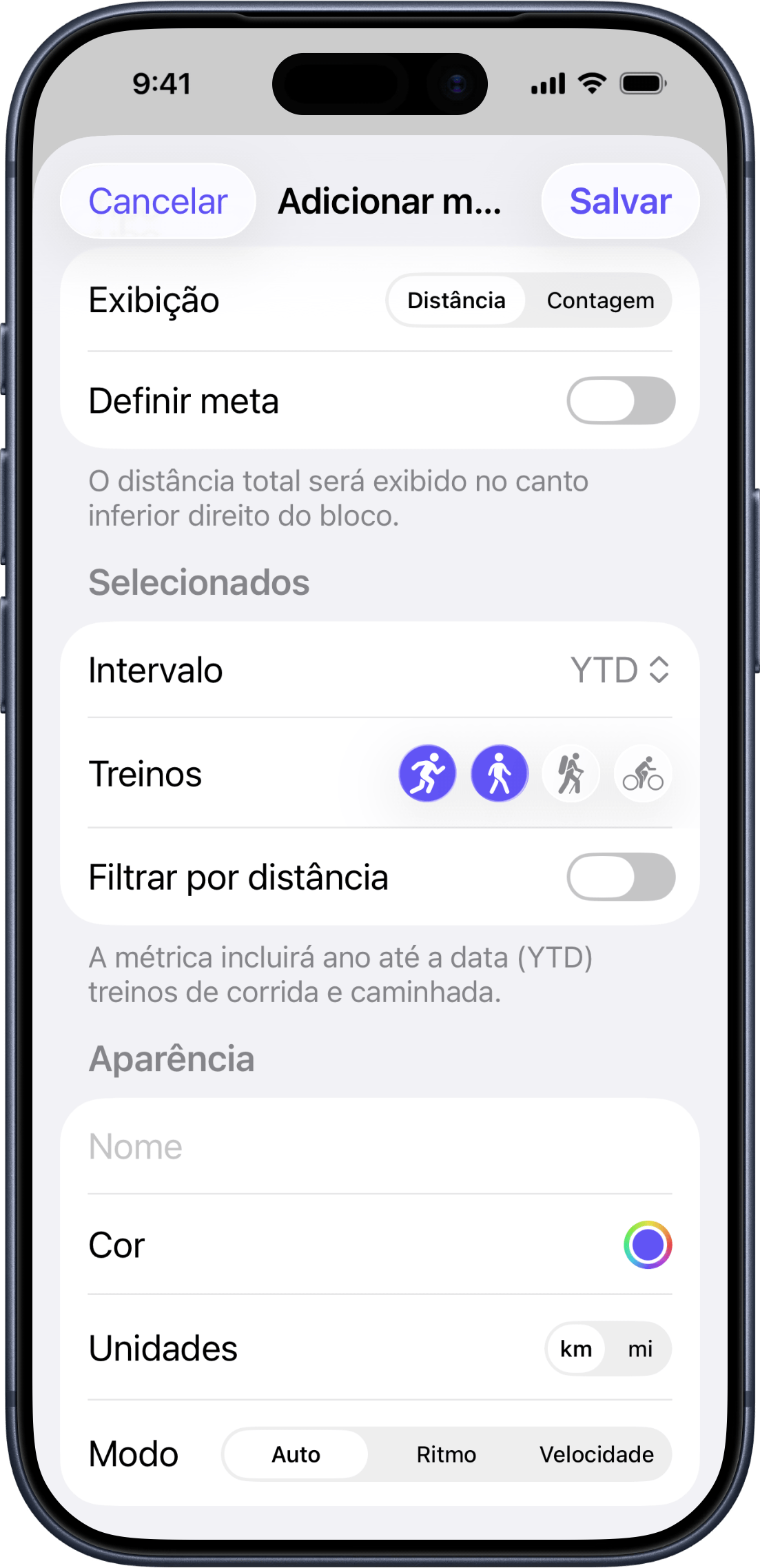 Tela de configuração para adicionar uma métrica