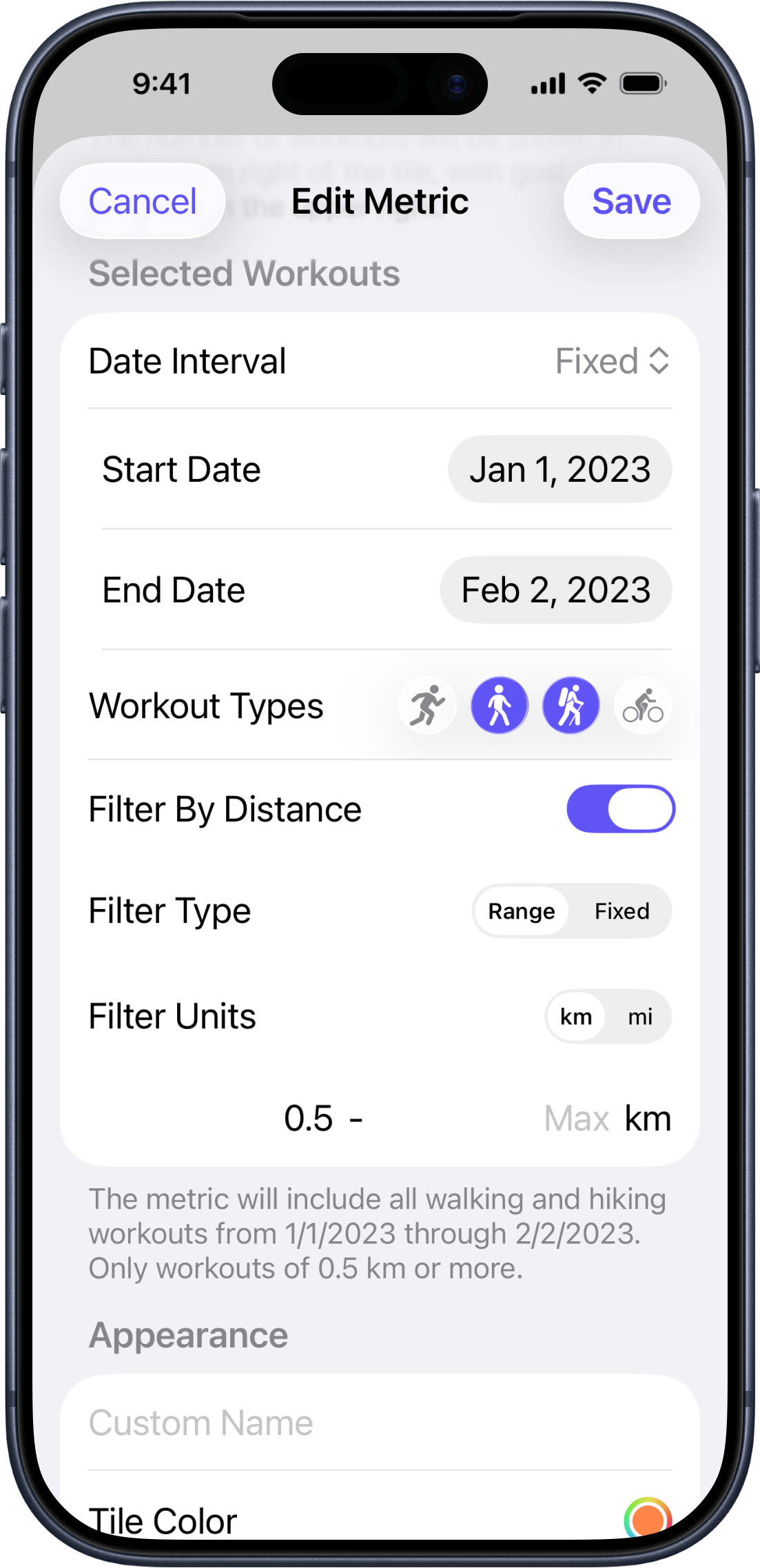 Distance filter configuration showing range and fixed modes