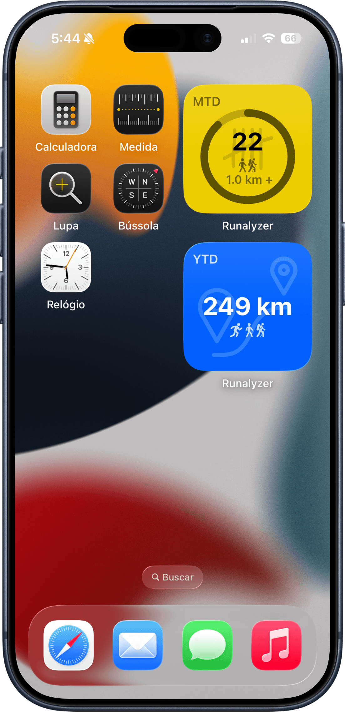 Widget do Runalyzer na tela inicial do iPhone mostrando o valor da métrica e o progresso em direção à meta